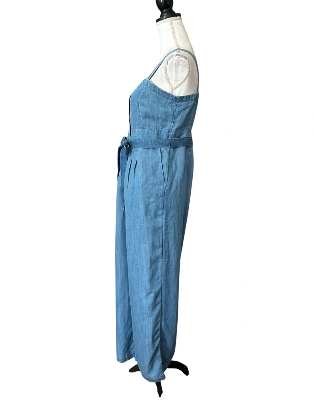 LOFT Belted Sleeveless Wide Leg Chambray Strappy Jumpsuit Women’s SZ 2 in blue